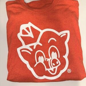 Vibrant Orange Short Sleeve Tee with Cartoon Pig Design
